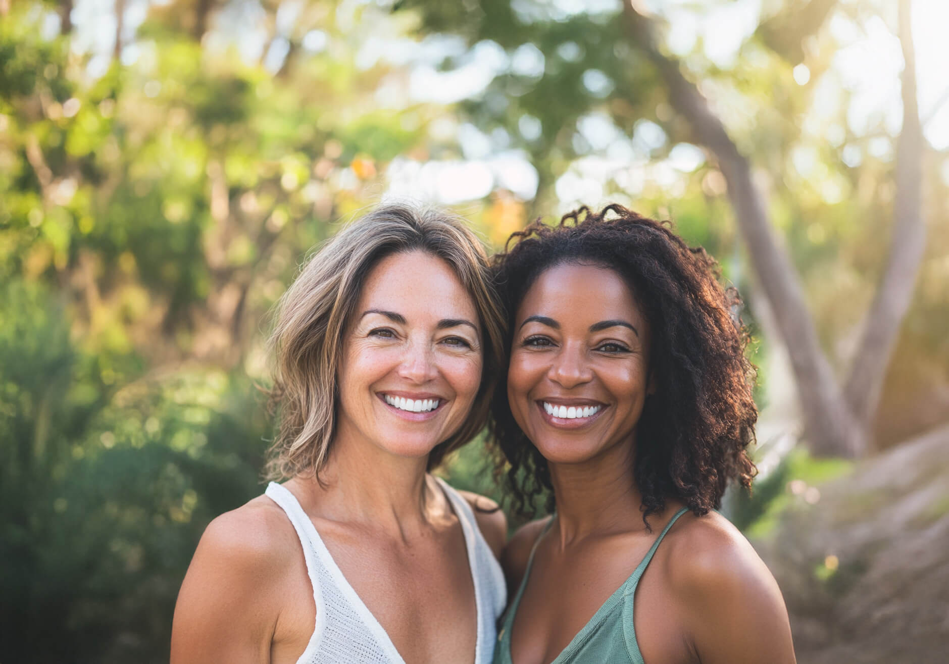 Two women in their 40s standing together and smiling. There are trees and nature behind them.