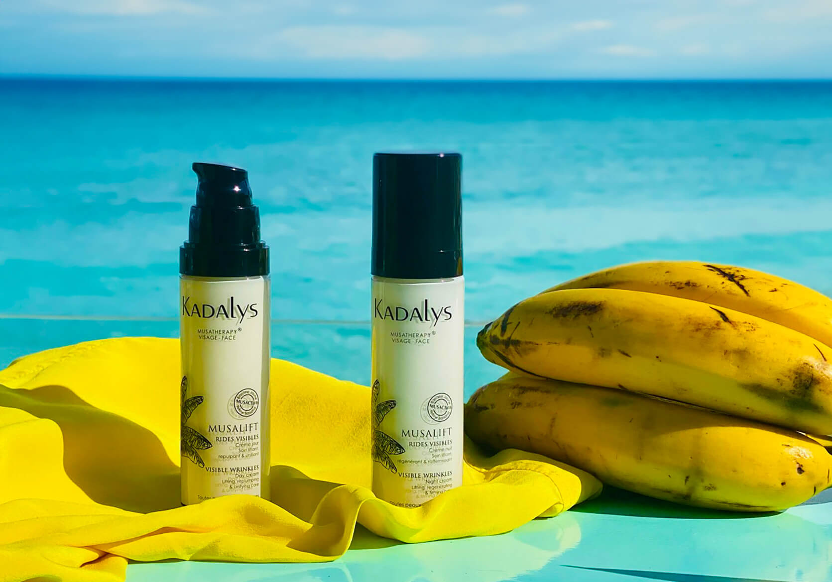 Vegan, organic, and upcycled banana skincare next to bananas