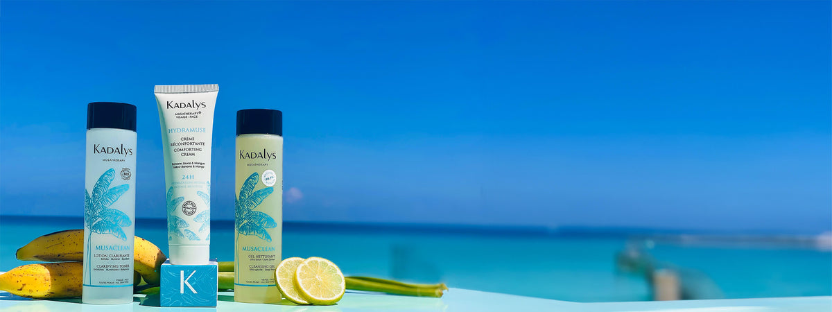 Image of Kadalys products next to bananas with Caribbean Sea and blue sky behind them | Effective natural skincare made with clinically proven banana bio-actives