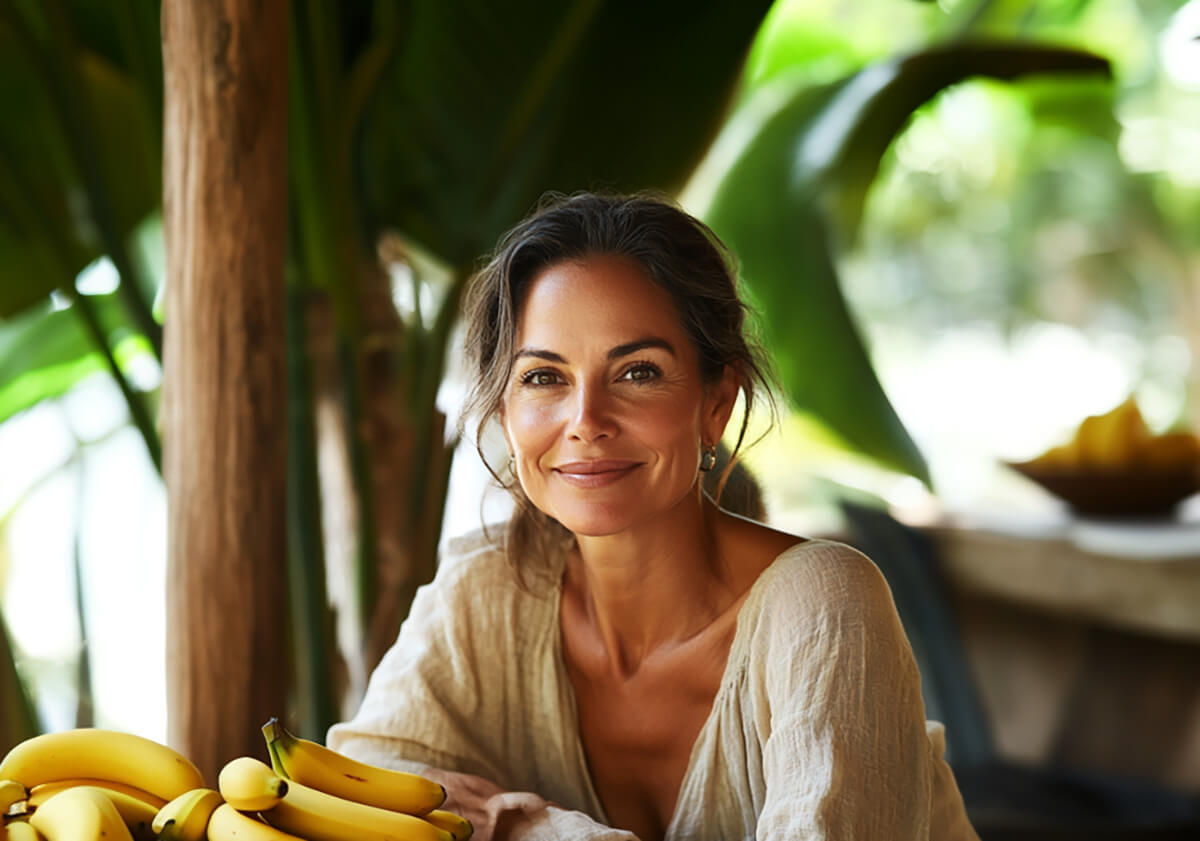 Woman smiling in front of lush banana plants