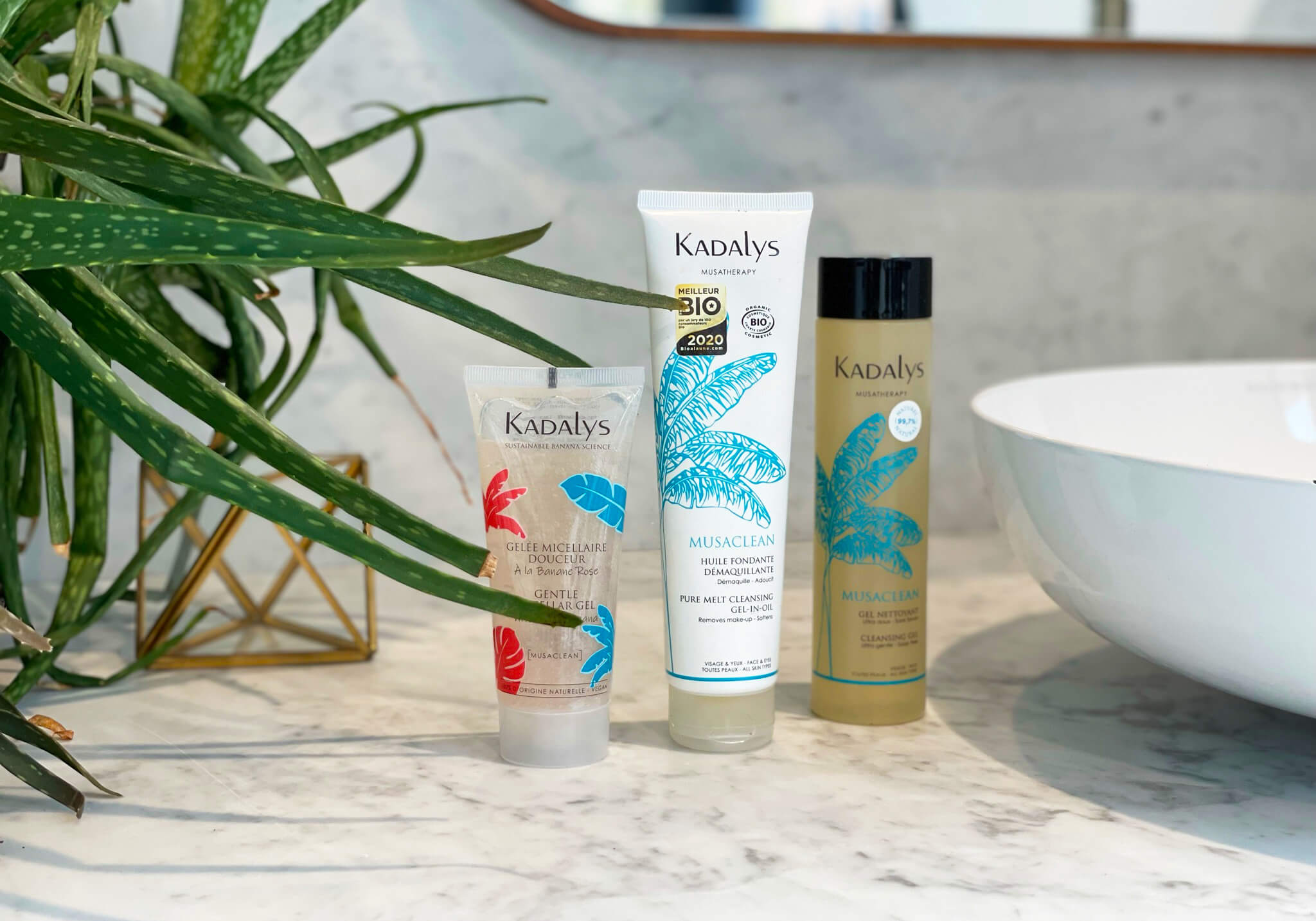 Image of Kadalys makeup removers and cleansers on a bathroom counter