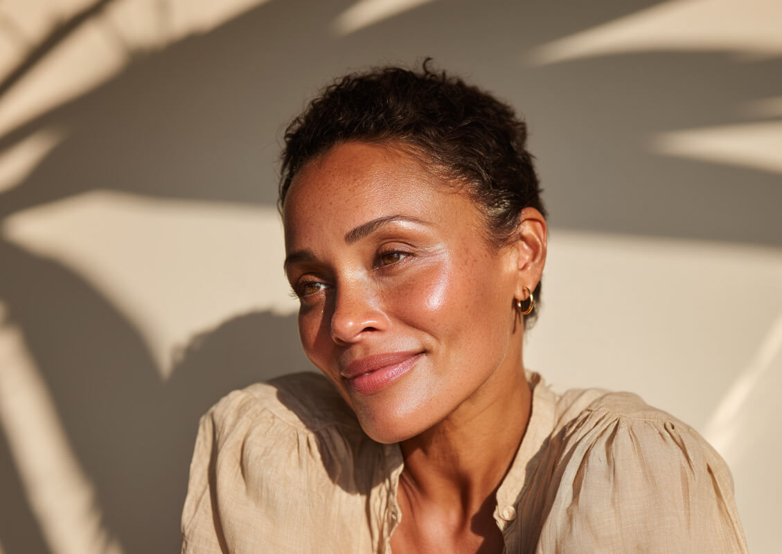 Woman with glowing, vibrant skin in front of banana leaf shadows