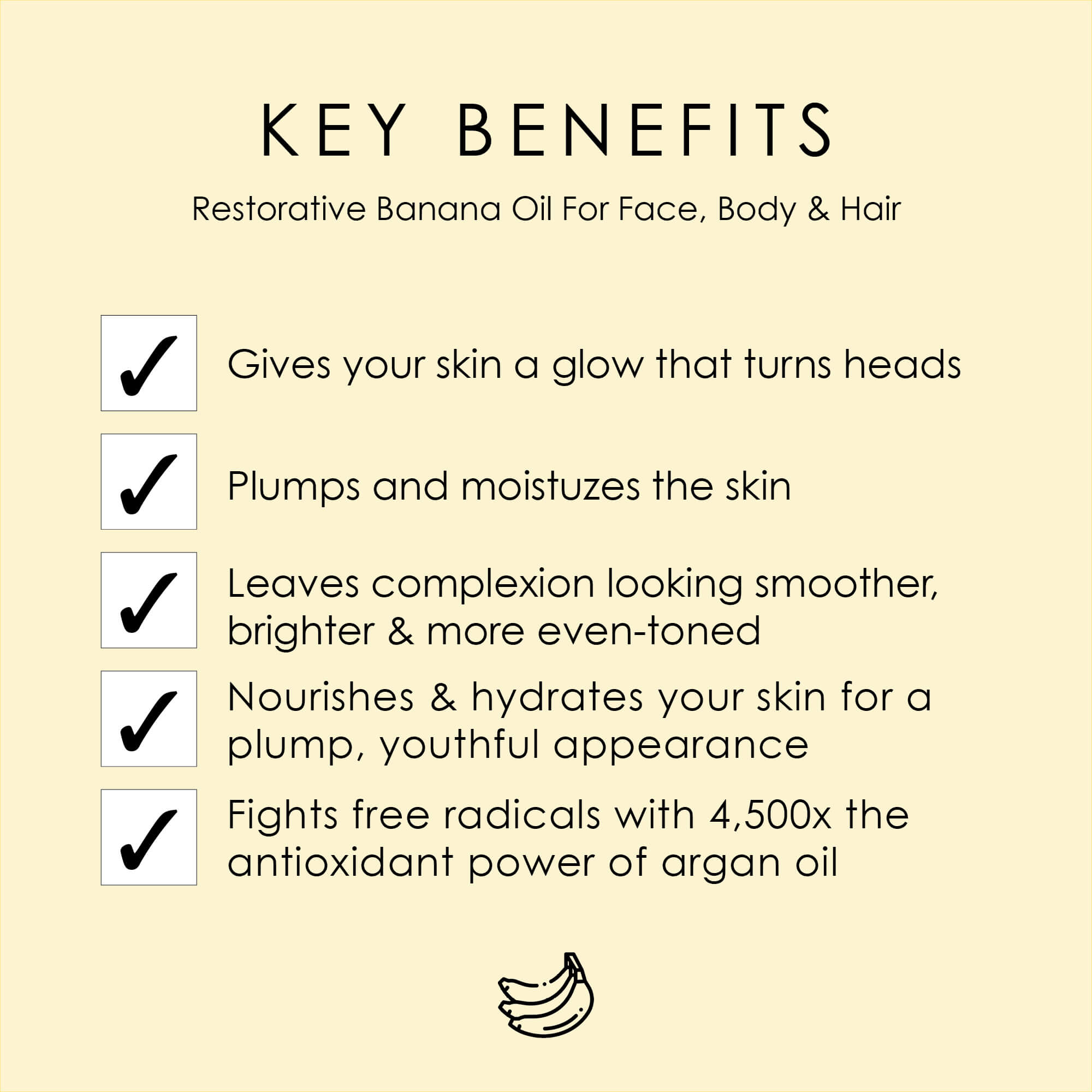 Image: Key benefits for pink banana glow boosting organic serum & face oil