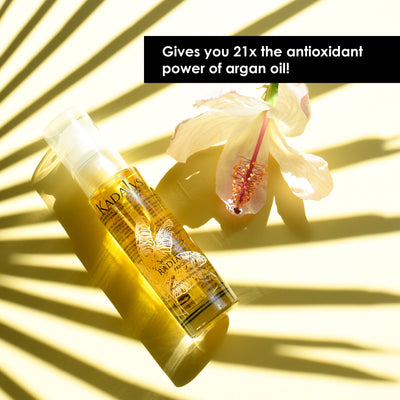 Image of Radiance oil against shadows of plant leaves.  Text reads: 21x the antioxidant power of argan oil.
